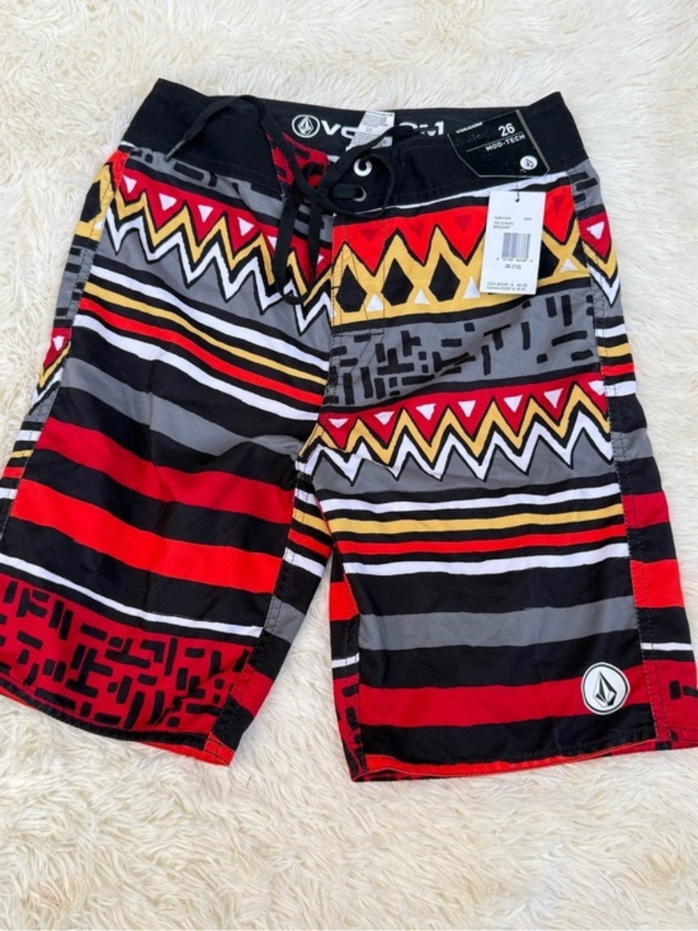 Volcom Kids Red Black Gray Yellow Patterned Swim Board Shorts
